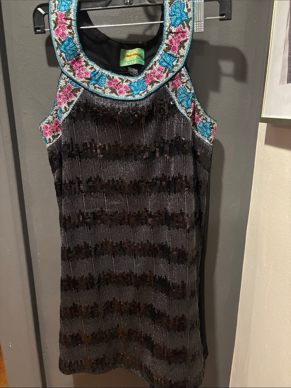 Tracy Porter Black Beaded Tank with Pink and Turquoise Embroidered Neckline